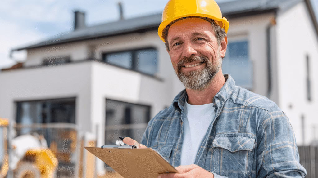 Diriginte de șantier zâmbind după finalizarea lucrărilor la o casă