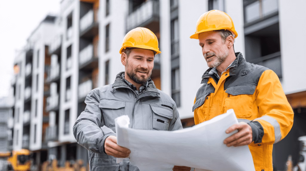 Diriginte de șantier discutând cu inginerul despre planurile construcției