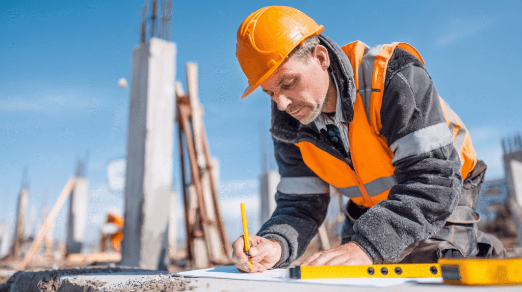 Diriginte de șantier analizând planurile pe șantier pentru verificarea calității lucrărilor