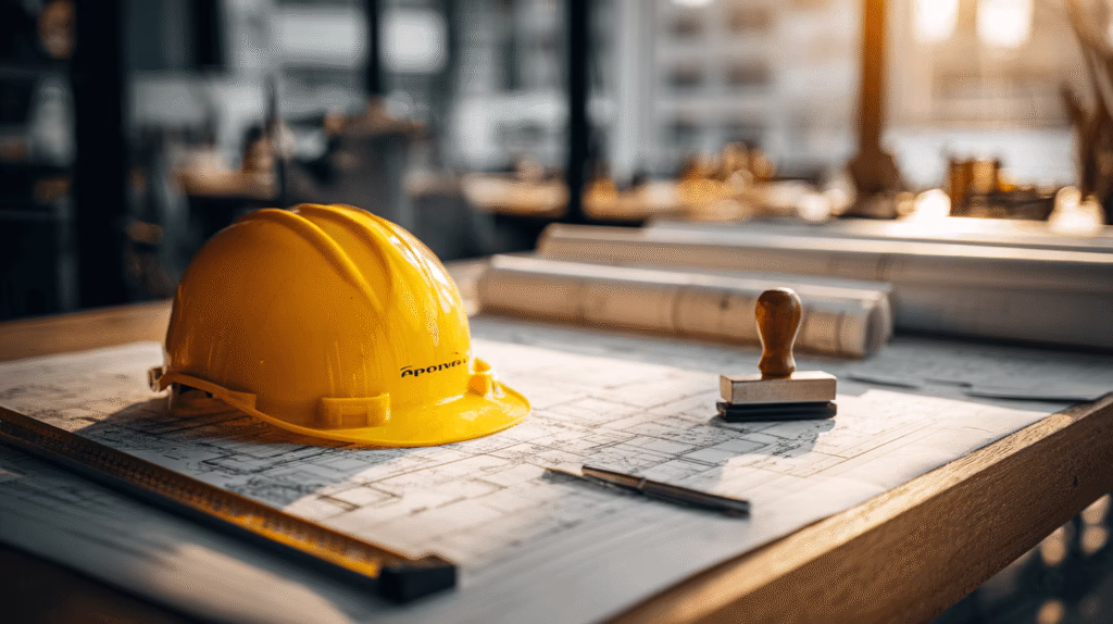 Cască de protecție și planuri tehnice utilizate de dirigintele de șantier