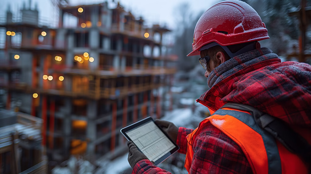 Diriginte de șantier folosind tablet pentru management de proiect mobil și monitorizare lucrări construcții