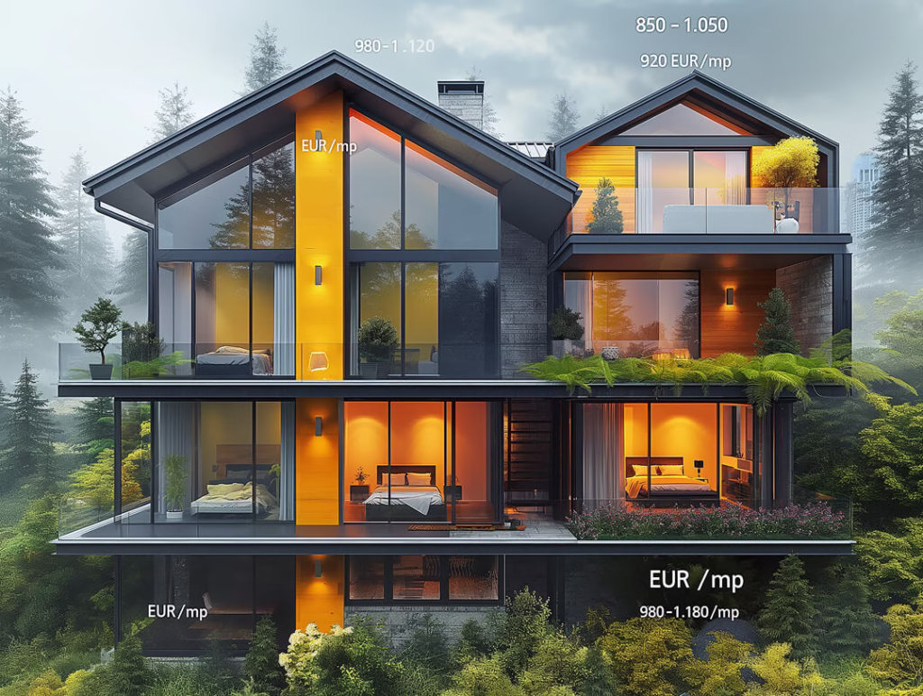 Comparație prețuri construcție case moderne cu indicarea costurilor pe metru pătrat la roșu și la cheie 2025