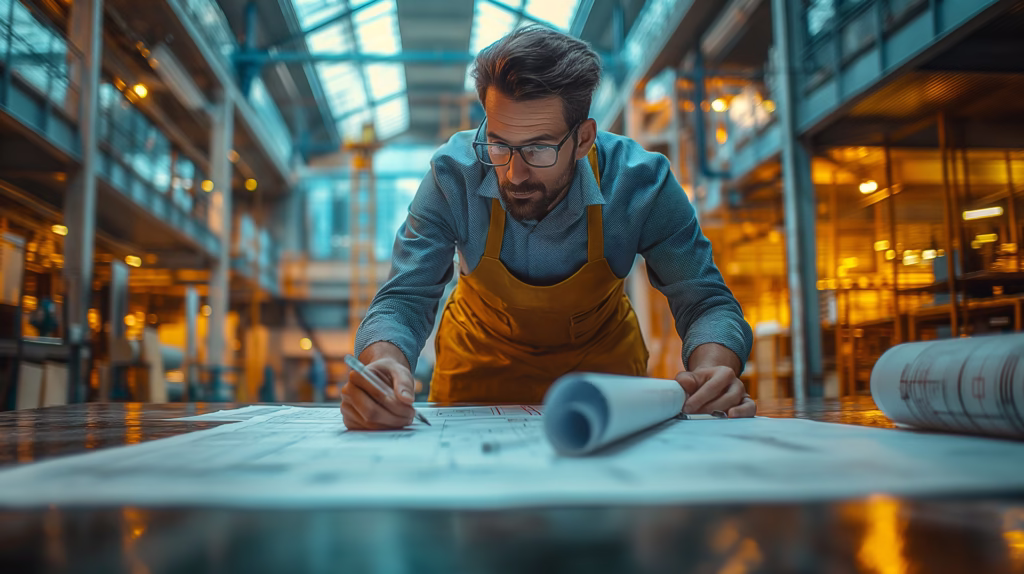 echipă de ingineri și constructori români analizând planuri industriale într-un birou