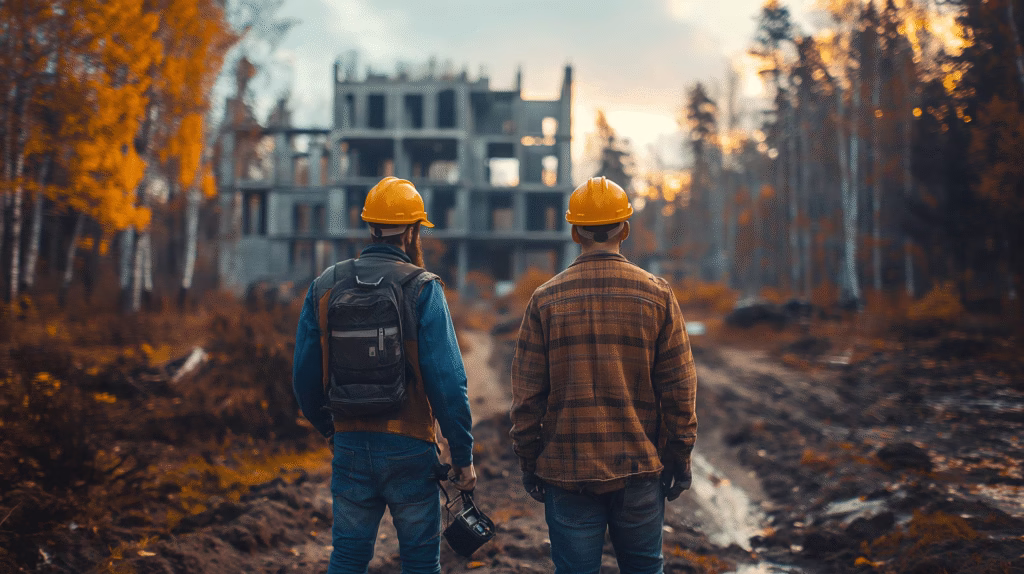 Doi constructori analizând un șantier în Suceava, simbolizând decizia între o echipă profesionistă și una nepregătită