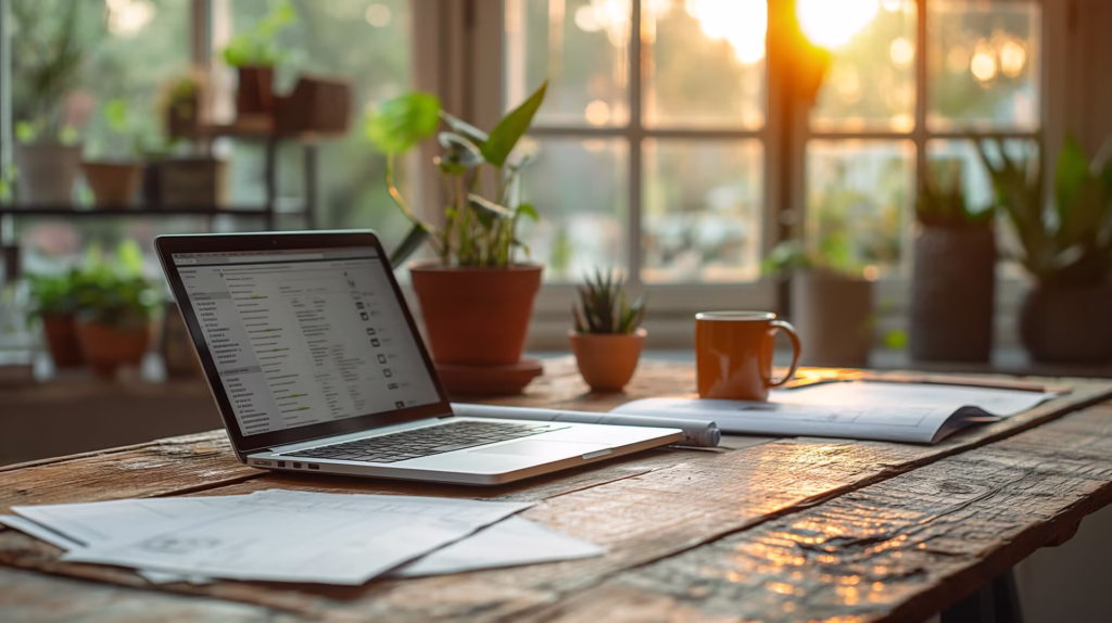 Laptop deschis cu calculatorul de preț SIGROMID pe ecran, estimând costurile unei case la roșu și la cheie în 2025