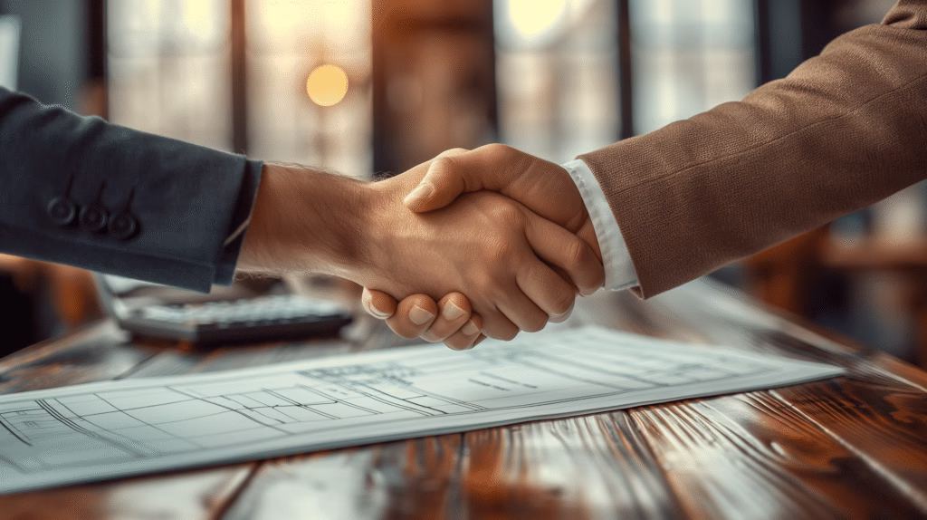 Strângere de mână între beneficiar și constructor, simbolizând semnarea unui contract clar pentru construcția casei la roșu