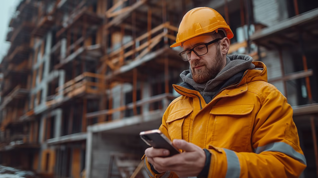 Machetă de casă din lemn pe birou, lângă planuri de construcție și laptop cu deviz detaliat