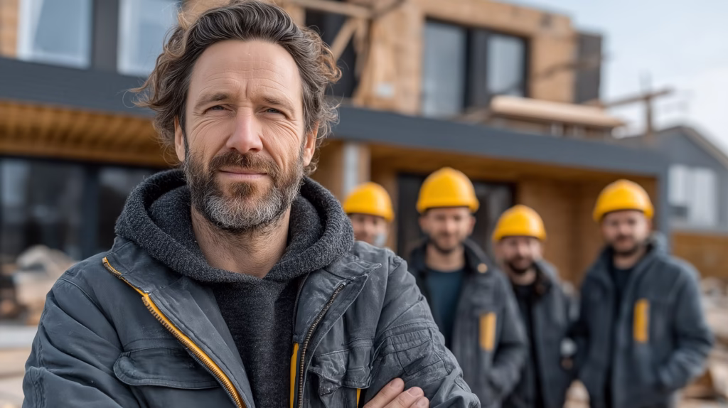 Echipa SIGROMID, firmă de construcții din Suceava, lucrând la o casă modernă la roșu