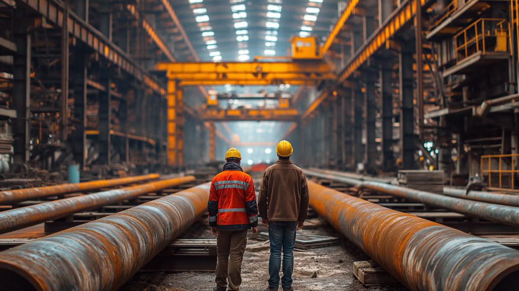 Manager de construcții și furnizor discutând pe șantier despre optimizarea achizițiilor de materiale industriale