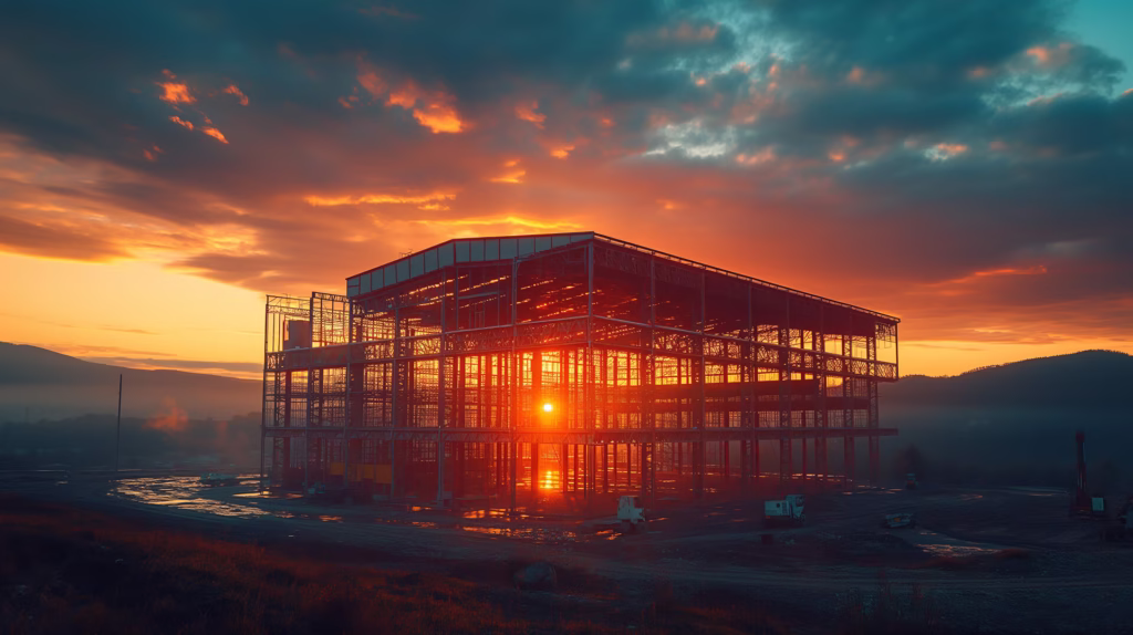 Hală industrială modernă în construcție la apus, reprezentând eficiența și calitatea proiectelor SIGROMID în Suceava