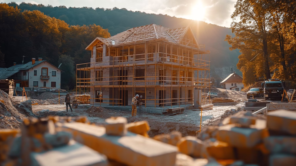 Șantier SIGROMID din Suceava, casă la roșu în construcție, echipă de muncitori și schele moderne