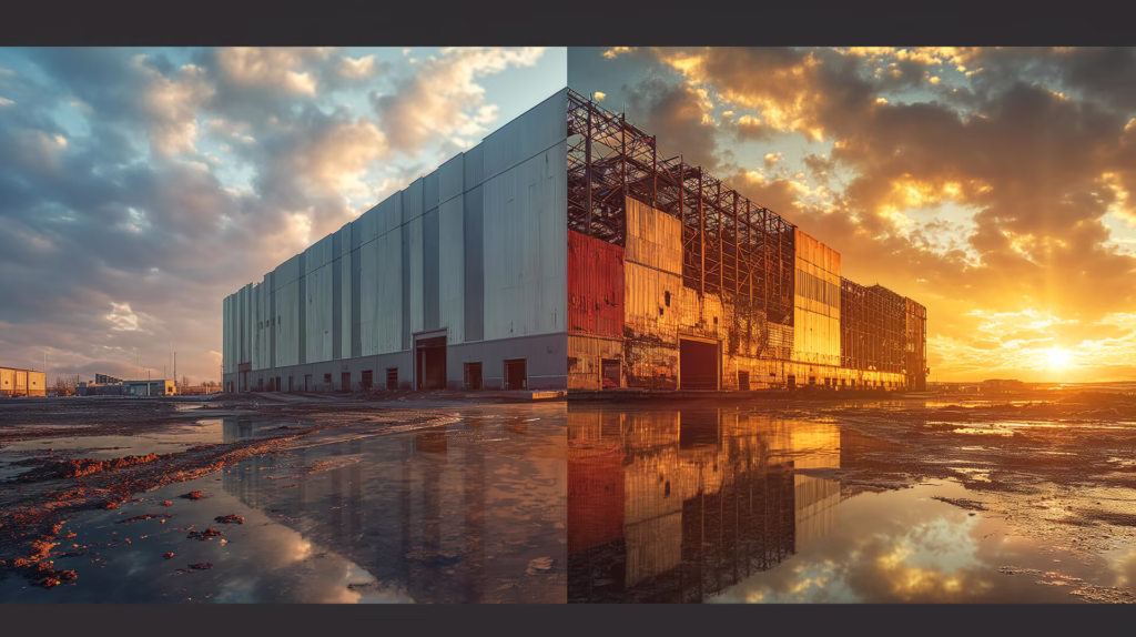 Comparativ între o hală metalică și o construcție din beton armat, ilustrând diferențele de cost și durabilitate