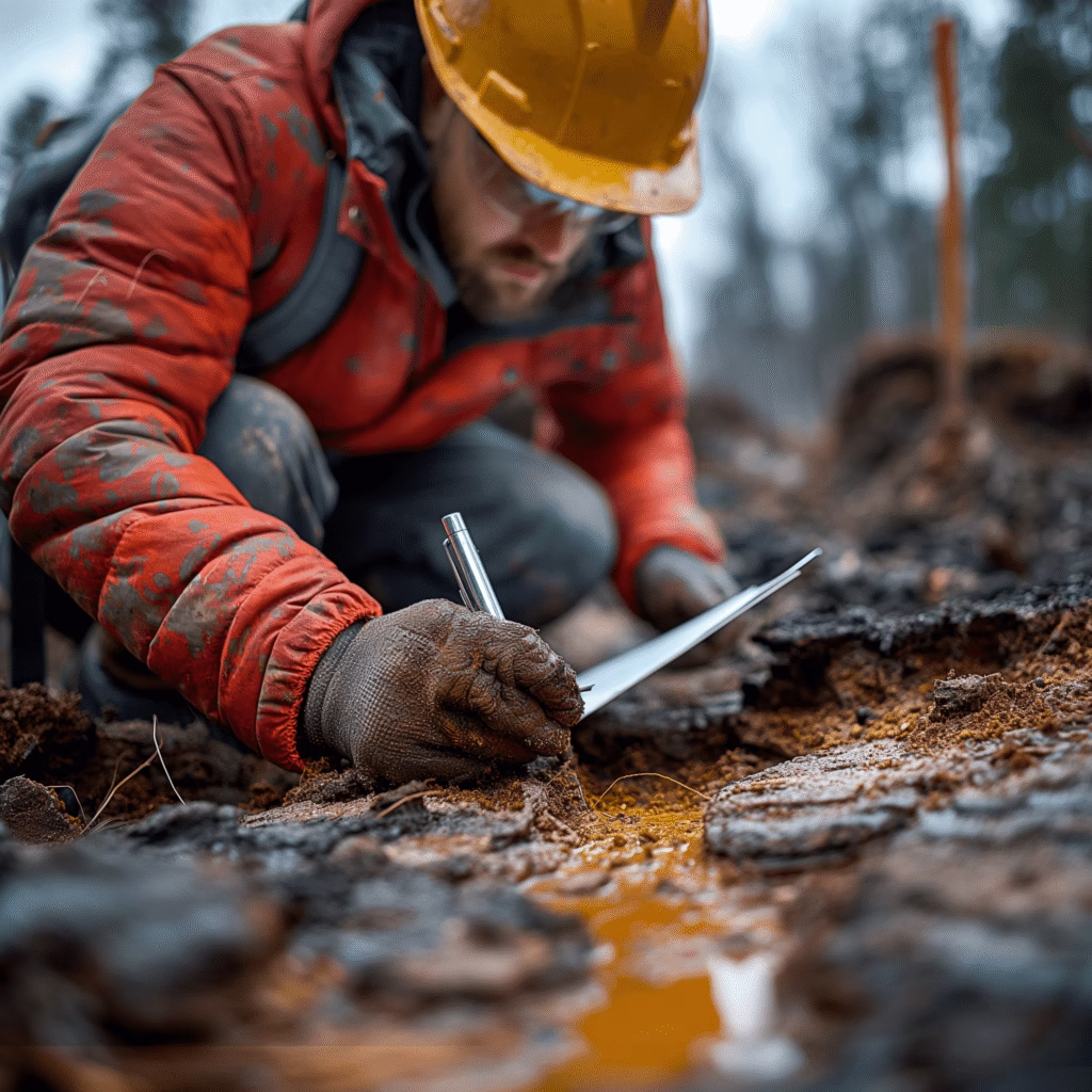 Inginer geotehnic în Suceava analizând structura solului pentru fundația unei case la roșu, simbol al siguranței construcției