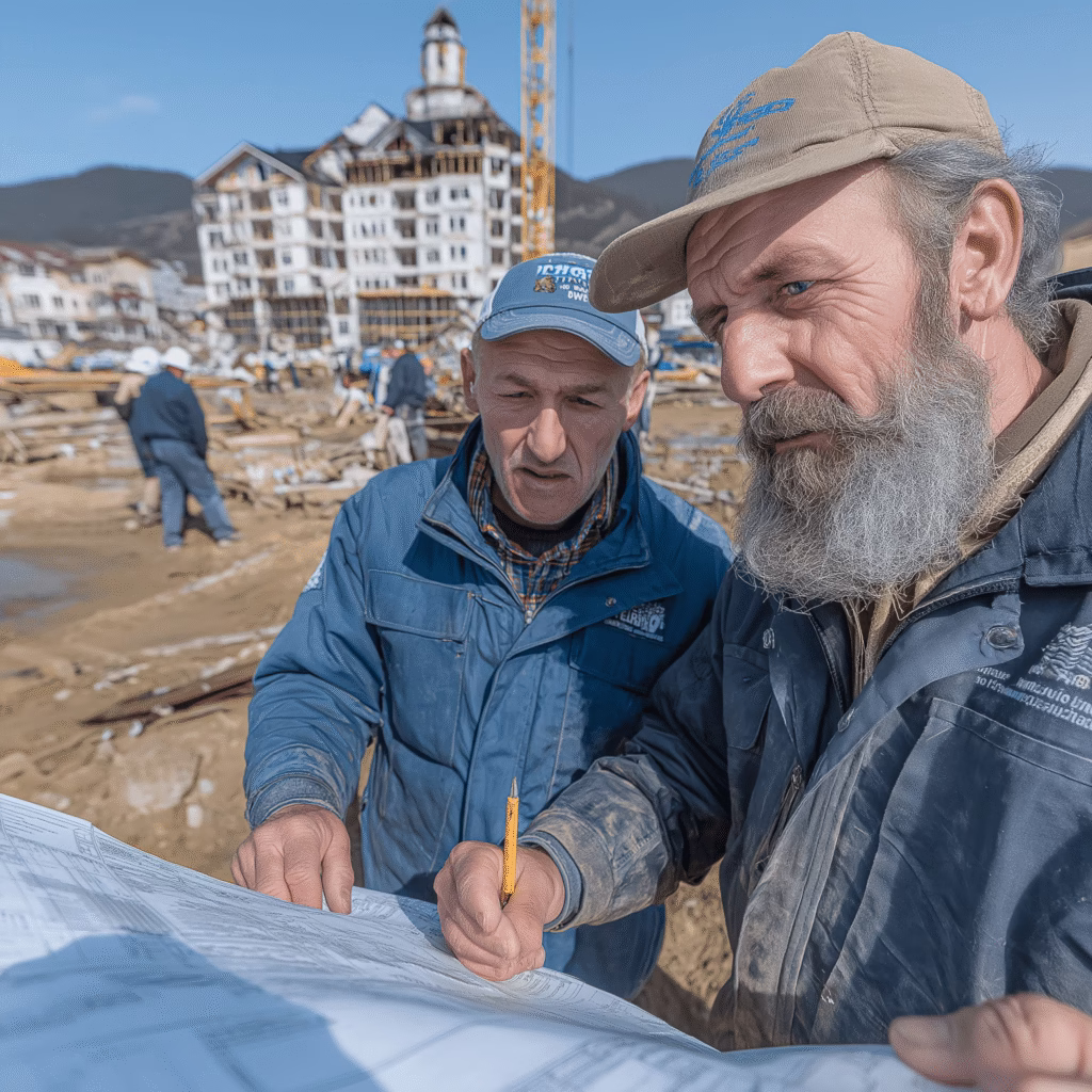 Specialiști SIGROMID în construcții din Suceava analizând planurile pe șantier și oferind consultanță clienților